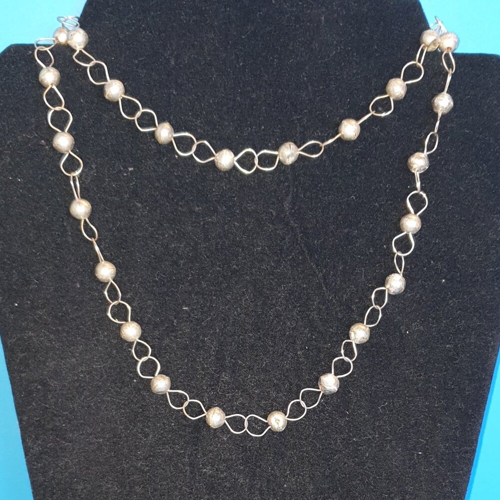 32'' Vintage Sterling Silver Handcrafted Bead Wire-Wrapped Long Chain Necklace